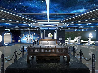 Exhibition Hall With Starry Sky Ceiling Chinese Bed Moon Astronaut Models And Blue Lighting 3d model