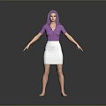 A woman with purple hair wearing purple shirt and white skirt barefoot on grey background