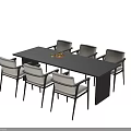 Black Rectangular Dining Table Set With Six Light Cushioned Metal Leg Chairs And Fruit Bowl 3d model