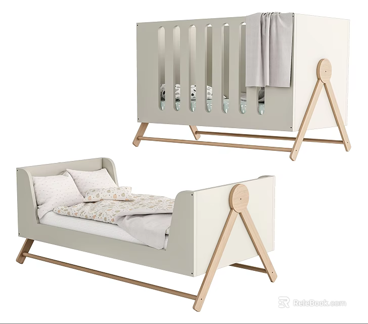 Modern Minimalist Baby Crib With Light Gray Soft Fabric Headboard And Wooden Triangle Legs 3d model 