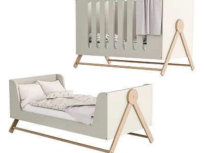 Modern Minimalist Baby Crib With Light Gray Soft Fabric Headboard And Wooden Triangle Legs 3d model