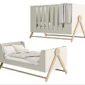 Modern Minimalist Baby Crib With Light Gray Soft Fabric Headboard And Wooden Triangle Legs