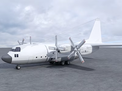 White Propeller Passenger Plane With Four Engines Parked On Tarmac Surface 3d model