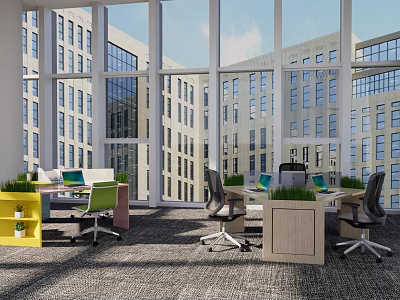 Modern Open Plan Office With Multiple Desks Green Plants Computers Ergonomic Chairs And Large Windows 3d model