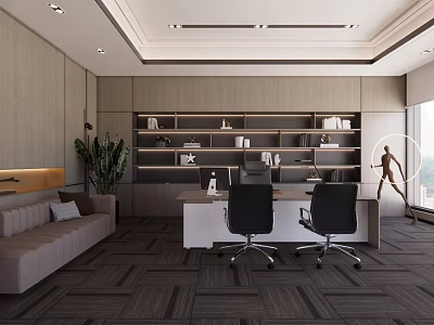 Modern Office Interior Design With Sofa Bookshelves Desk Chairs And Plants 3d model