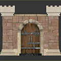 Arched Wooden Castle Door With Red Brick Walls Stone Towers And Black Metal Decorations