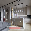 Modern Apartment Interior With Open Kitchen Living Room Sofa And Pendant Lights