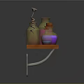 Laboratory Shelf with Bottles Colored Liquids and Funnel on Orange Wooden Stand