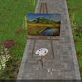 Art Supplies Easel With Scenic Landscape Painting Near Green Plants And Stones Under Blue Sky