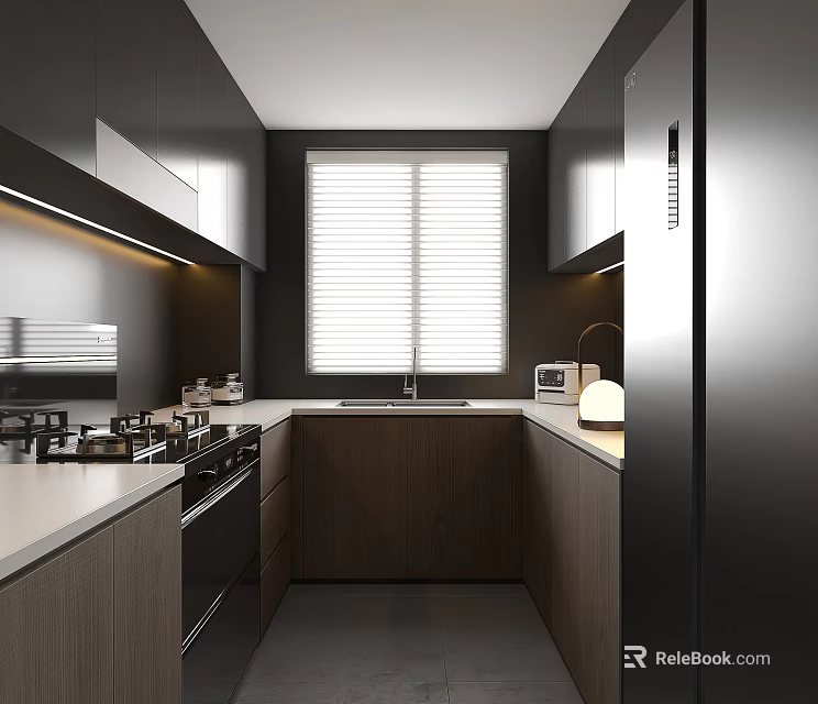Modern Kitchen With Dark Cabinets White Countertop Window Blinds And Appliances 3d model 