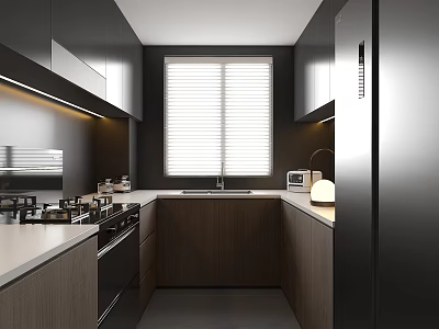 Modern Kitchen With Dark Cabinets White Countertop Window Blinds And Appliances 3d model