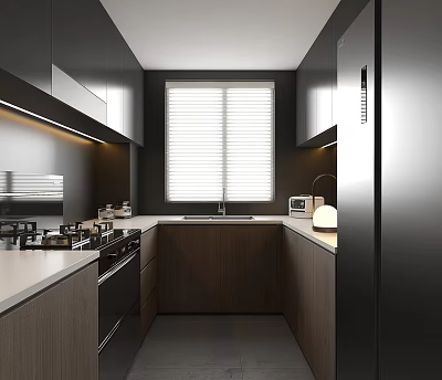 Modern Kitchen With Dark Cabinets White Countertop Window Blinds And Appliances 3d model