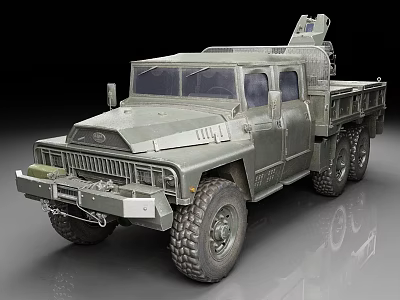Green Military Off Road Truck With Large Tires Cargo Bed And Antenna 3d model
