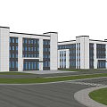 Modern Large Multi Story Industrial Factory Building With White Walls Glass Windows And Green Area