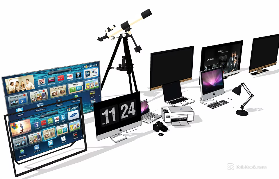 Modern Computer Workstation With Multiple Monitors Laptop Printer Desk Lamp Digital Clock And Tripod Device 3d model