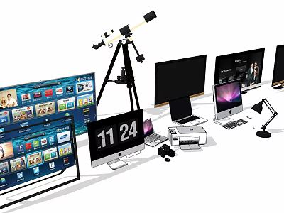 Modern Computer Workstation With Multiple Monitors Laptop Printer Desk Lamp Digital Clock And Tripod Device 3d model