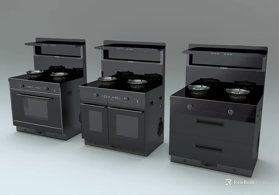Black Kitchen Appliances Featuring Stoves Range Hoods and Various Storage Designs 3d model
