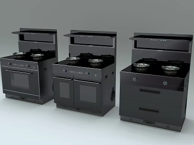 Black Kitchen Appliances Featuring Stoves Range Hoods and Various Storage Designs 3d model