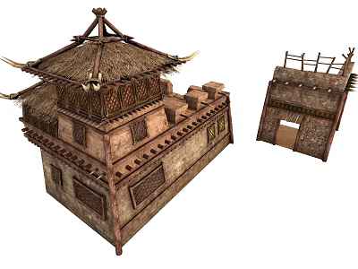 Traditional Thatched House Architecture with Rural Wooden Structure and Stone Walls Design 3d model