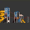 Playground Building Components Including Yellow Slides Blue Towers And Climbing Nets