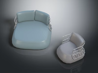 Light Blue Sofa and Light Gray Chair with Upholstered Seats and Metal Frame Armrests 3d model