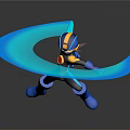 Glowing Blue Crescent Scene With Blue And Yellow Cartoon Character Standing