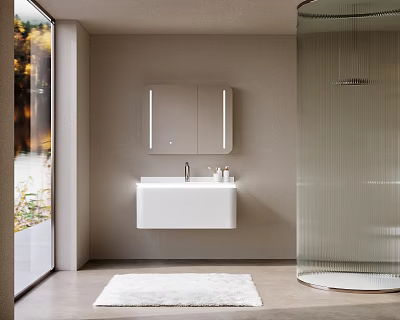 Modern Bathroom Cabinet With LED Mirror White Sink And Gray Wall Interior 3d model