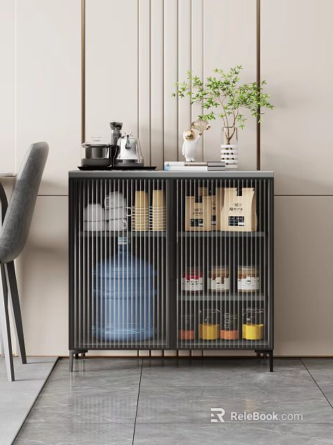 Stylish Modern Black Metal Tea Cabinet With Glass Doors Tea Sets Jars And Decorative Plants 3d model 
