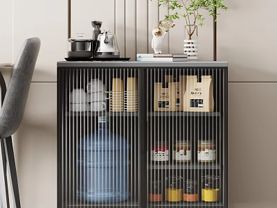 Stylish Modern Black Metal Tea Cabinet With Glass Doors Tea Sets Jars And Decorative Plants 3d model