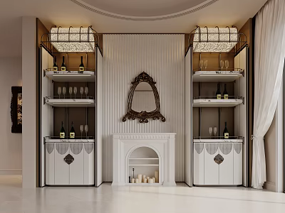 Elegant Symmetric Wine Cabinets With Decorative Mirror Fireplace Wine Bottles And Glasses 3d model