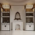 Elegant Symmetric Wine Cabinets With Decorative Mirror Fireplace Wine Bottles And Glasses
