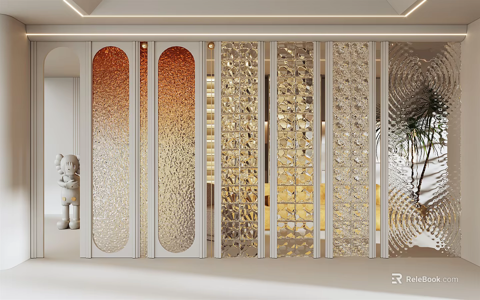 Elegant Modern Room Partition With Patterned Glass Panels And Metallic Frame Design 3d model 