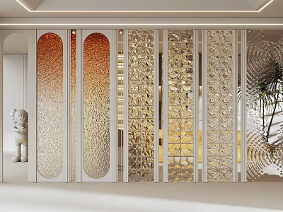 Elegant Modern Room Partition With Patterned Glass Panels And Metallic Frame Design 3d model