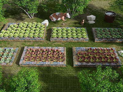 Park Landscape with Neatly Arranged Vegetable Garden Beds Various Vegetables Trees Stones and Wooden Barrel 3d model