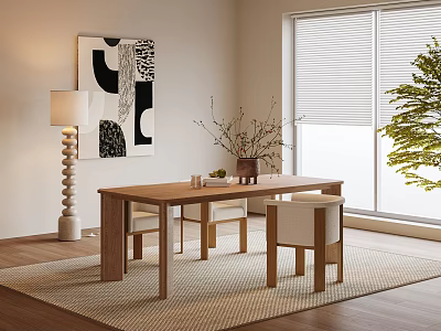 Minimalist Wooden Dining Table Set With Chairs Floor Lamp And Abstract Art 3d model