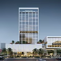 Modern Hotel Building Exterior Design Featuring Glass Facade Grand Entrance And Paved Plaza Lighting
