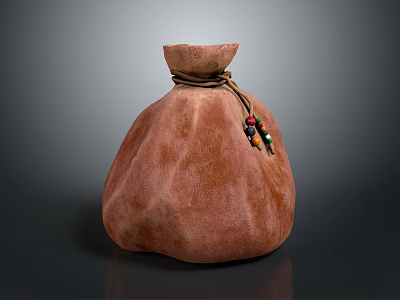 Rustic Brown Fabric Pouch With Drawstring Closure And Colorful Bead Accents 3d model