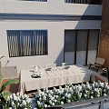 Terrace Garden With Wooden Wall Dining Table Plants Bench Sky And Clouds