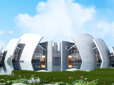 Modern Cultural Center Building With Curved White Exterior Water Feature And Green Lawn 3d model