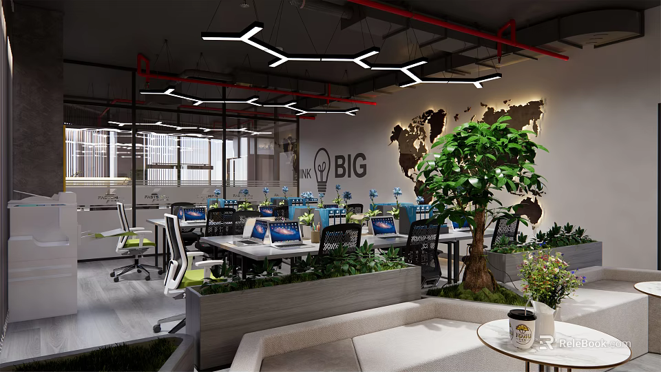 Modern Public Office Space With Workstations Laptops Green Plants World Map And Lighting 3d model
