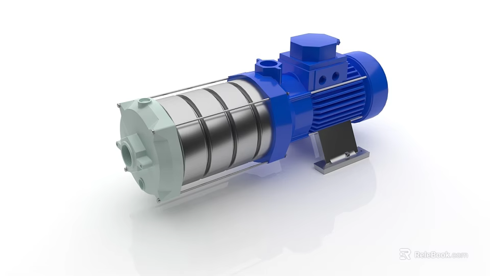 Industrial Blue Silver Cylindrical Pump Equipment With Electric Motor And Mounting Base 3d model 