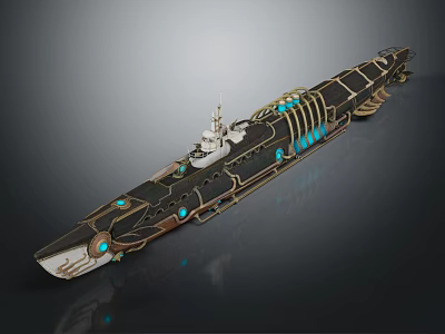 Futuristic Battleship Weapon Design With Black Gold Hull And Blue Glowing Parts 3d model