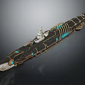 Futuristic Battleship Weapon Design With Black Gold Hull And Blue Glowing Parts