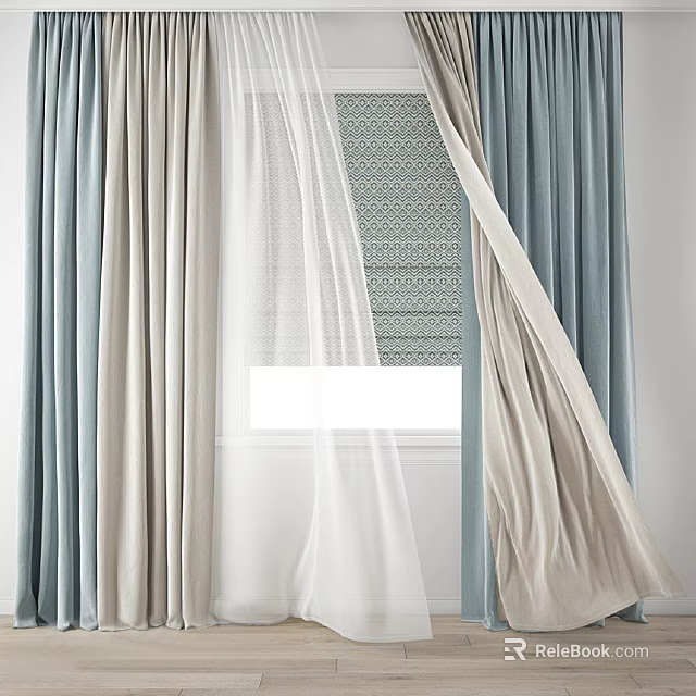 Light Blue And Beige Curtains With Sheer Layers And Patterned Window Covering 3d model