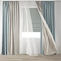 Light Blue And Beige Curtains With Sheer Layers And Patterned Window Covering 3d model