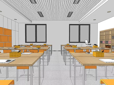 School Classroom Interior With Arranged Desks Chairs Wooden Bookshelves And Large Windows 3d model