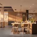 Sunlit Restaurant Interior With Open Layout Wooden Furniture Dish Shelves Chef And Plants