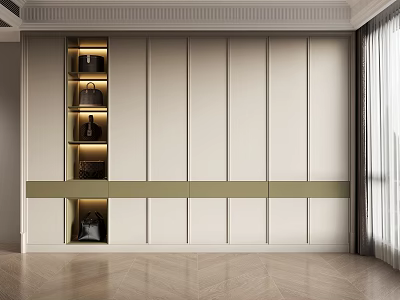 Modern Beige Wardrobe With Vertical Panels Left Open Shelves Lighting And Green Accent Strip 3d model