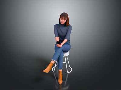 Woman Sitting On White Chair In Gray Top Blue Jeans Holding Phone Against Gray Background 3d model
