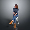 Woman Sitting On White Chair In Gray Top Blue Jeans Holding Phone Against Gray Background